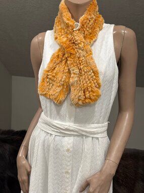 Orange Real Rex Rabbit Fur Scarf, Soft & Cozy Knit Real Fur Scarf